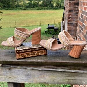 Y-Not woman’s sequined beaded tan heel. 7 .